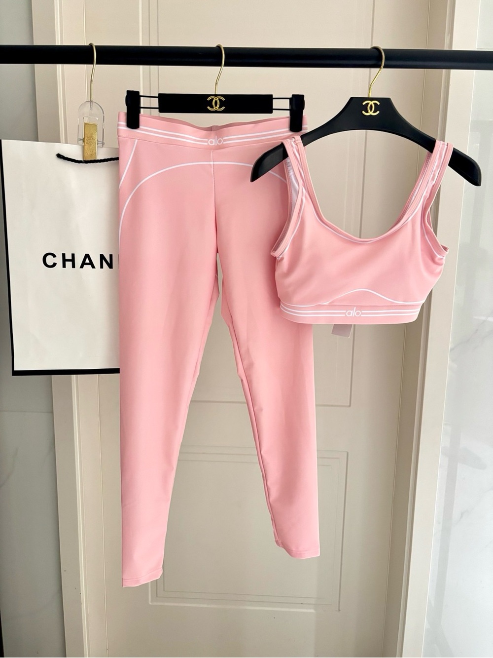 ALO Yoga Pink High-Rise Leggings with Matching Crop Sports Bra